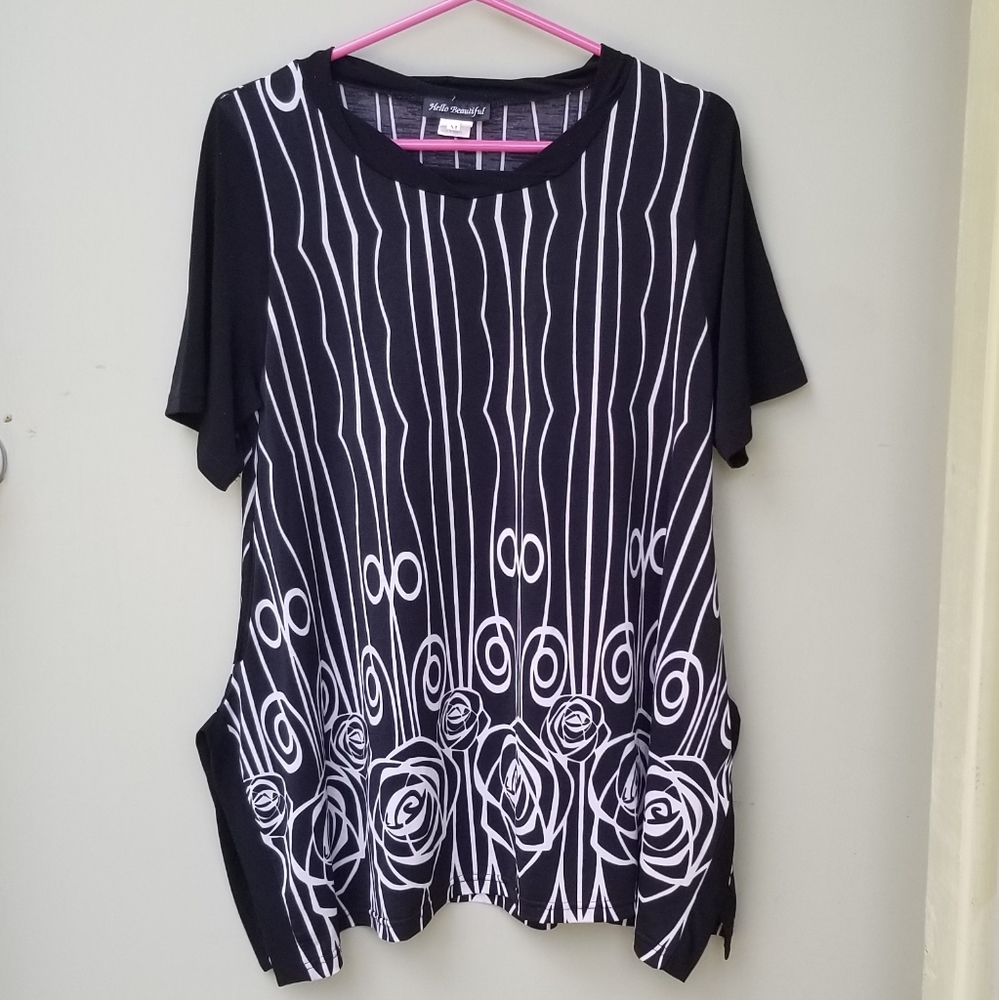 Women Hello Beautiful Medium Black White Blouse